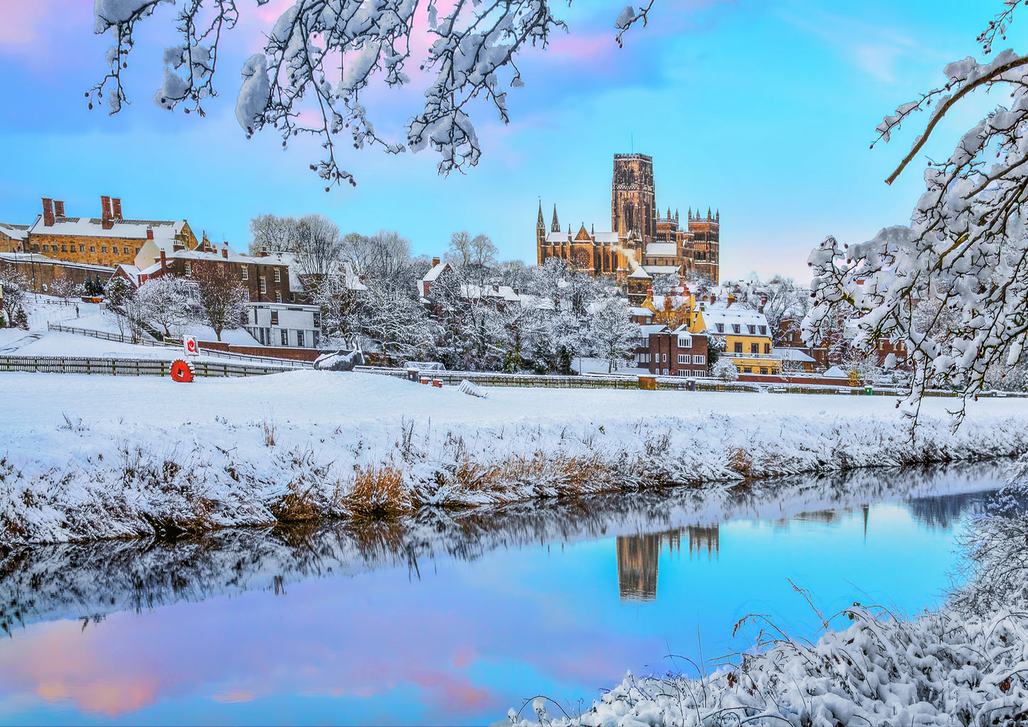 A bright snowy afternoon in Durham.