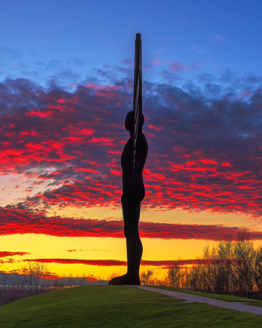 A very colourful sunset sky at the Angel of the North