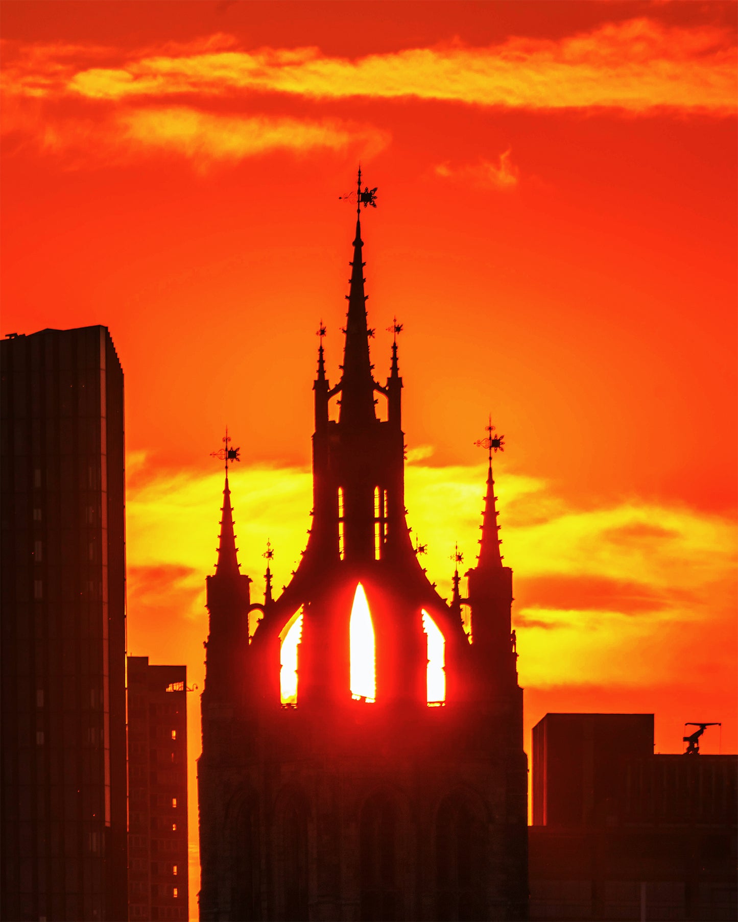 The setting sun nestled in Newcastle Cathedral.
