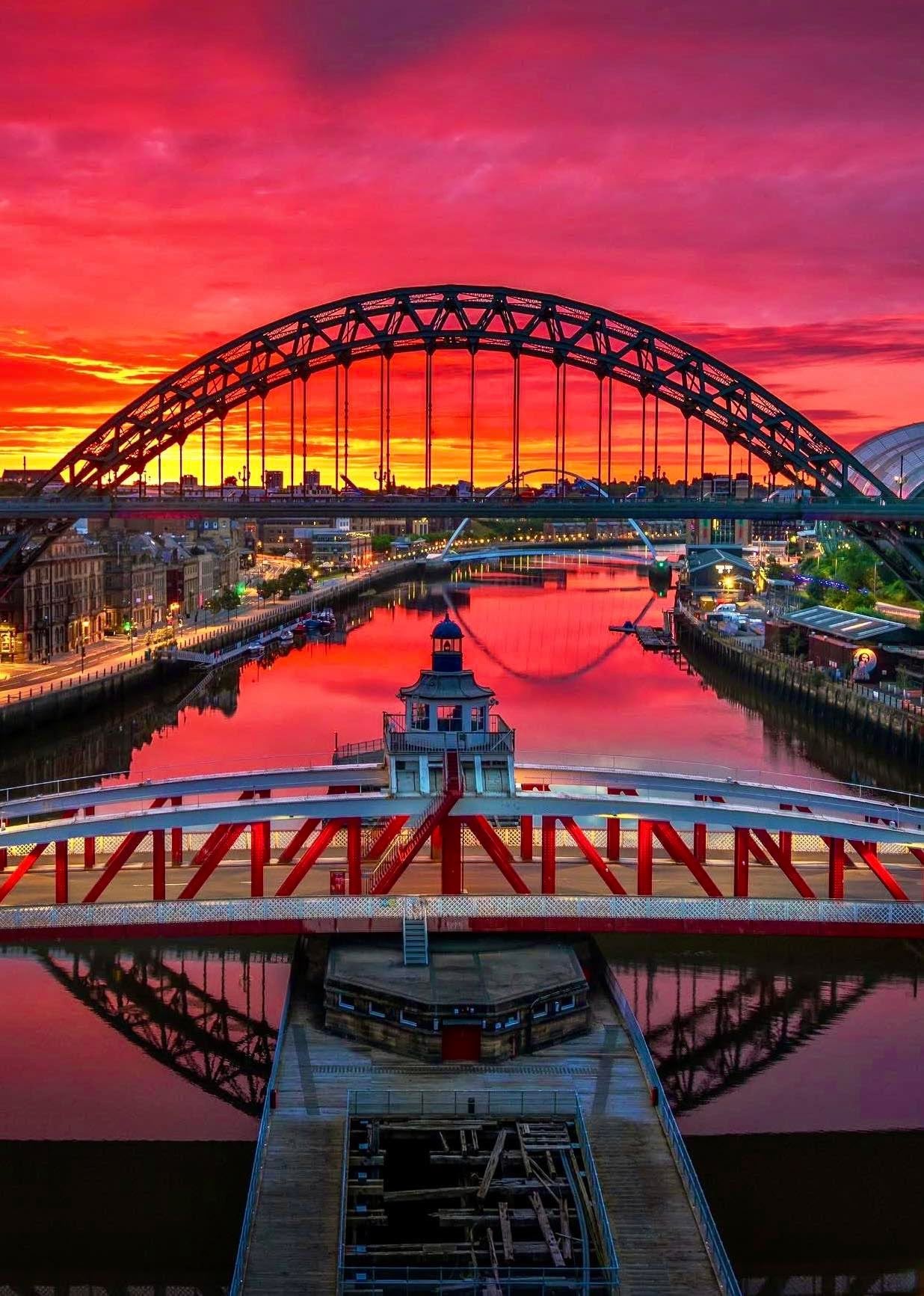 Beautiful pink pre sunrise sky looking towards Tyne Bridge.