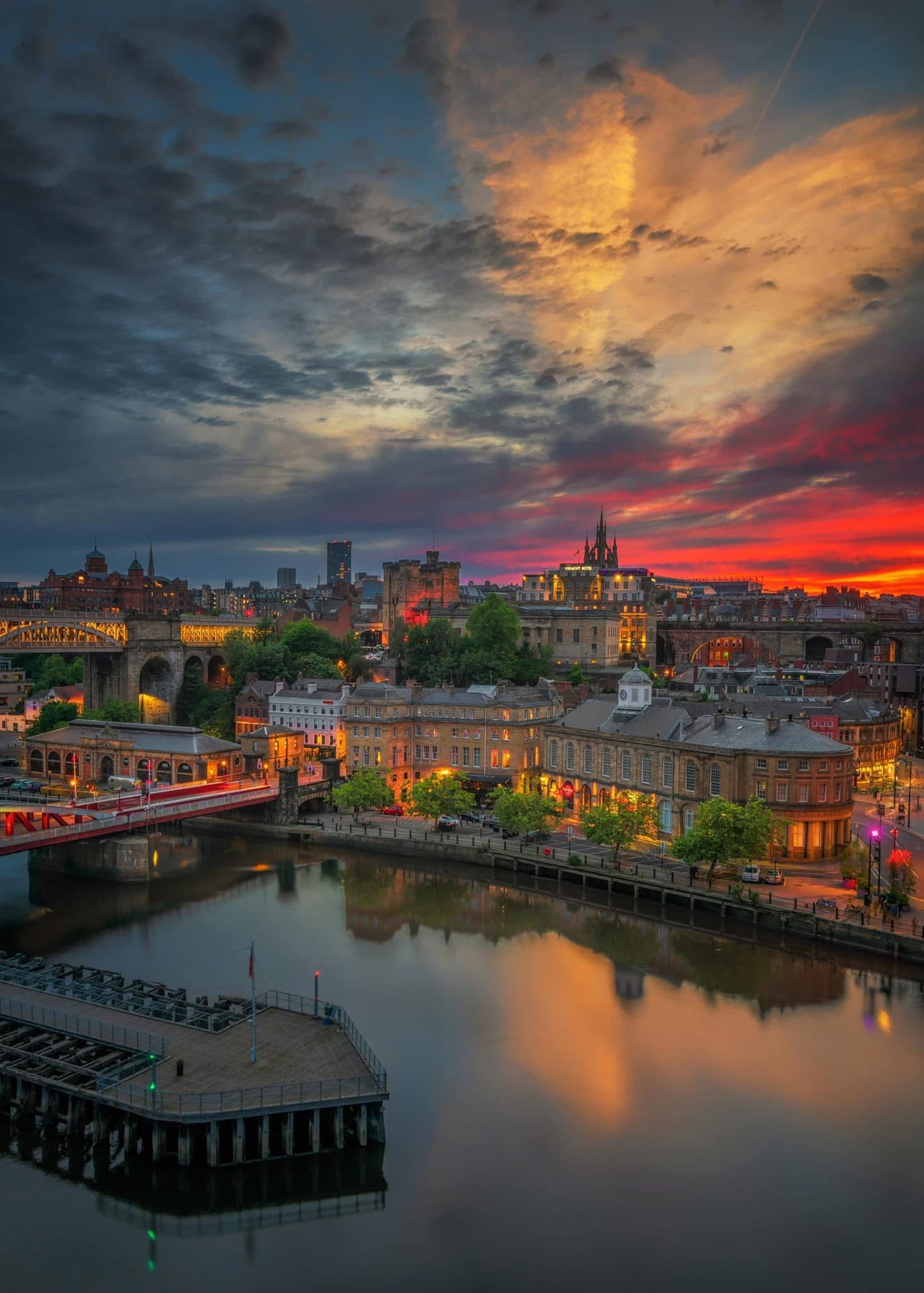 post sunset colours and reflections, looking towards Castle Keep in Newcastle upon Tyne.