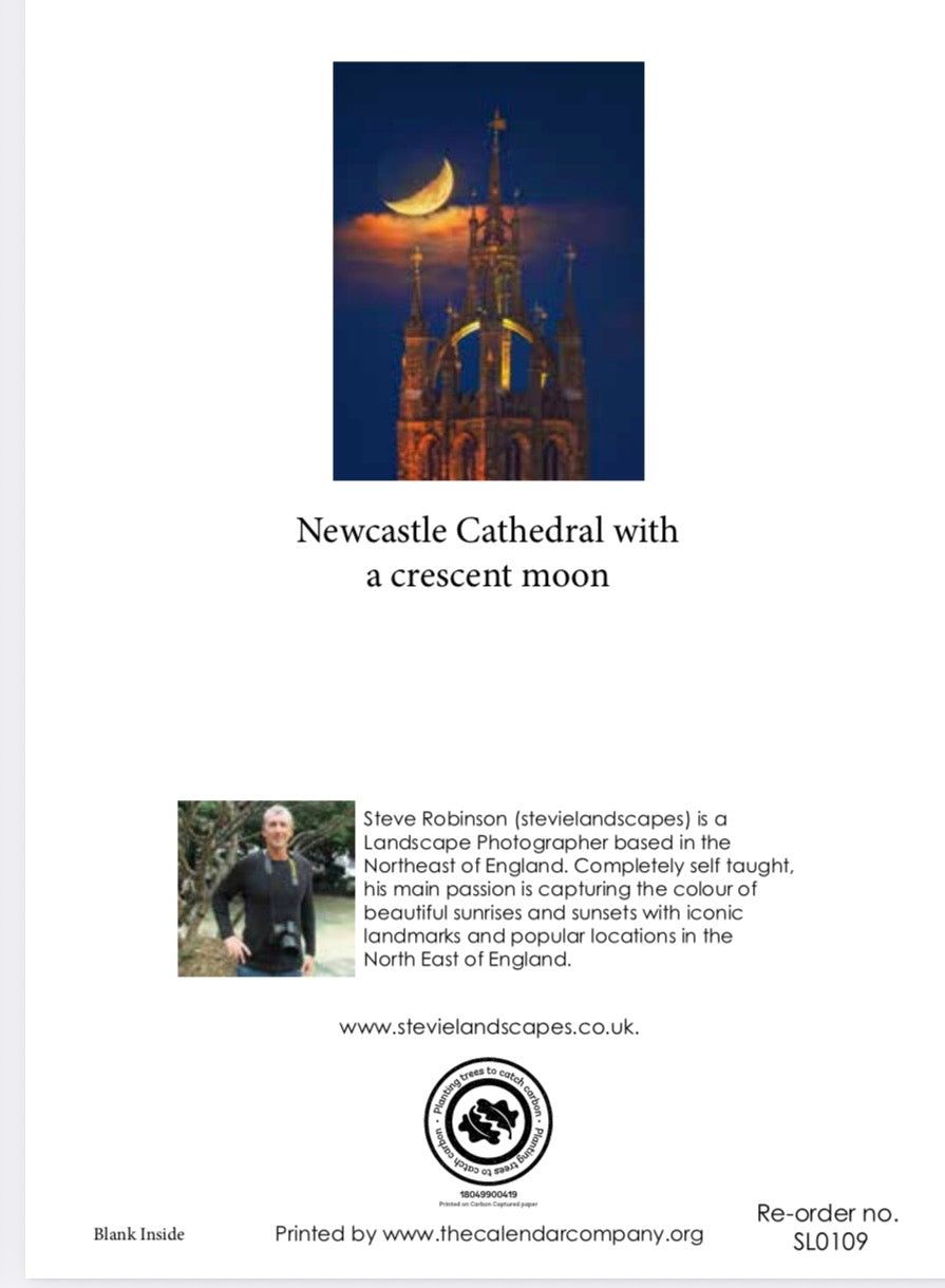 Newcastle Cathedral with a crescent moon.