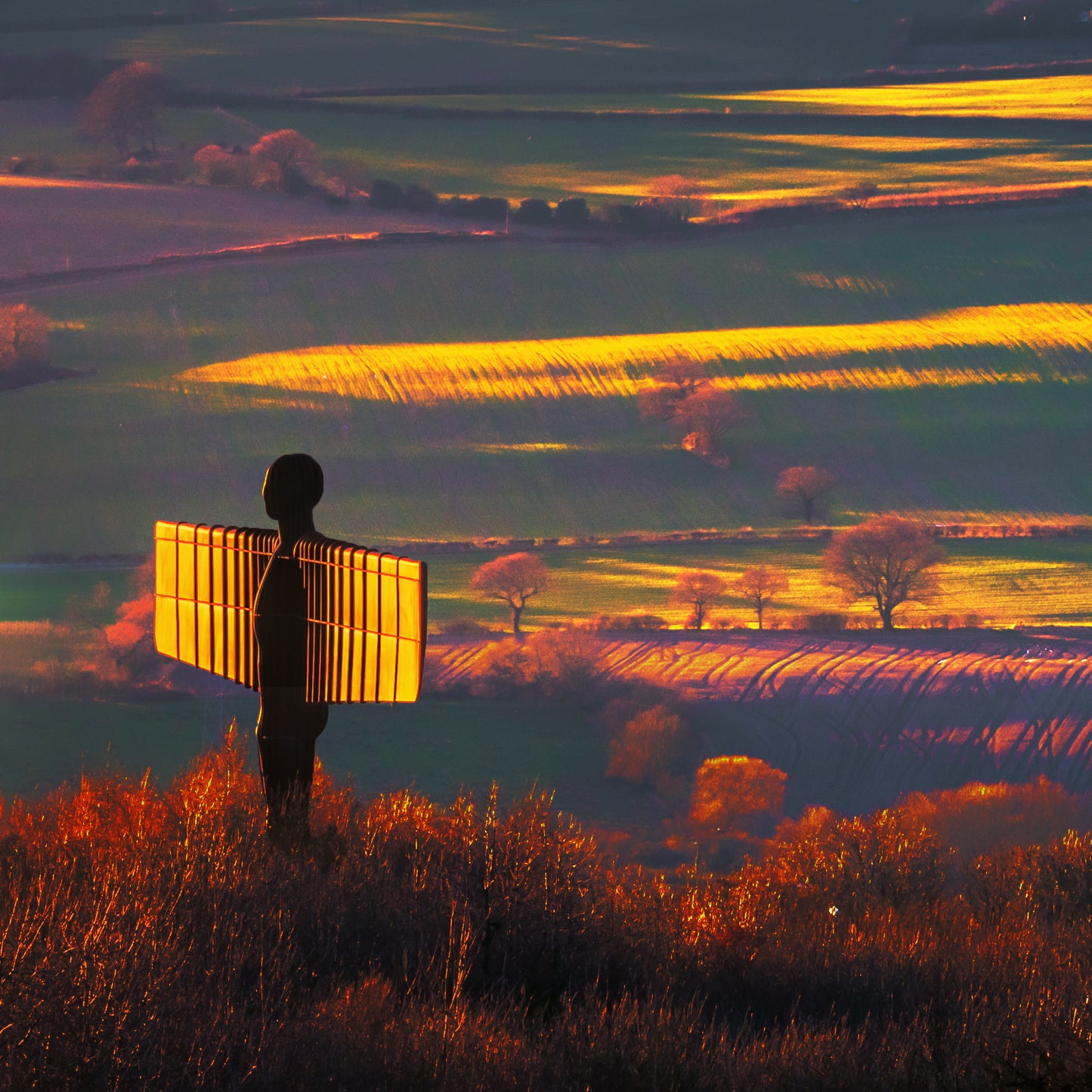 The Angel of the North surrounded by beautiful countryside.