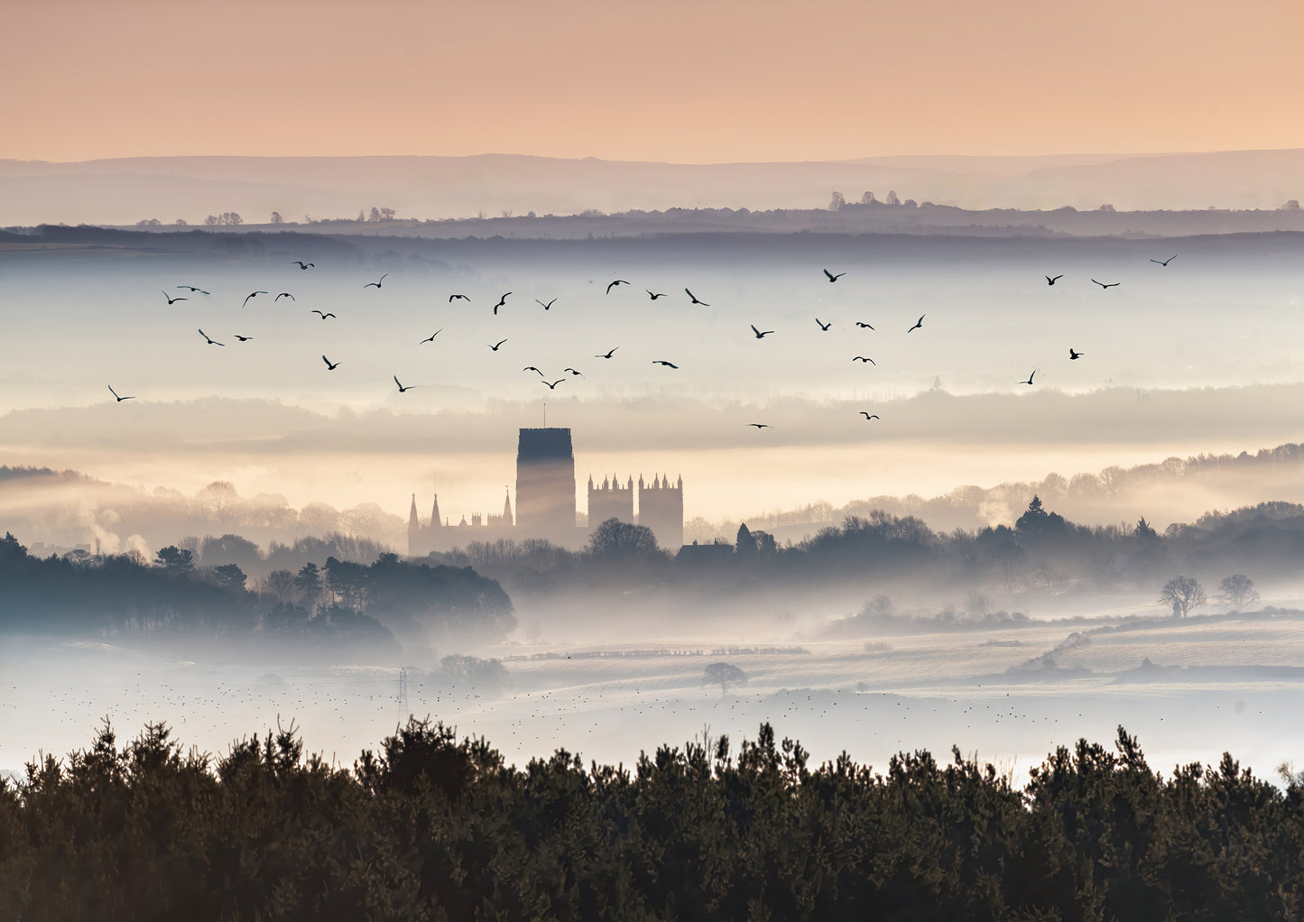 An ethereal misty scene looking towards Durham Cathedral.