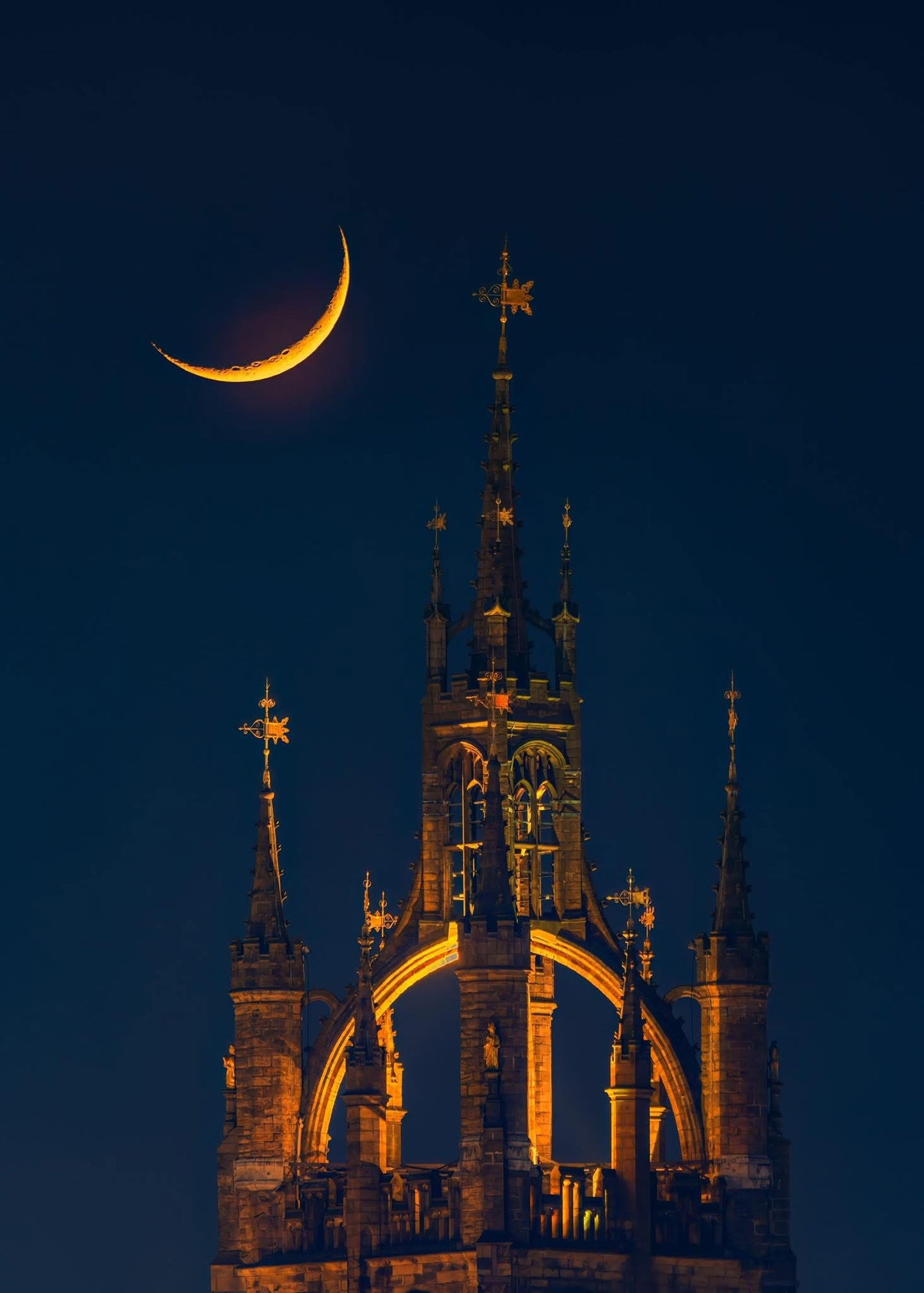 Beautiful crescent moon over Newcastle Cathedral.