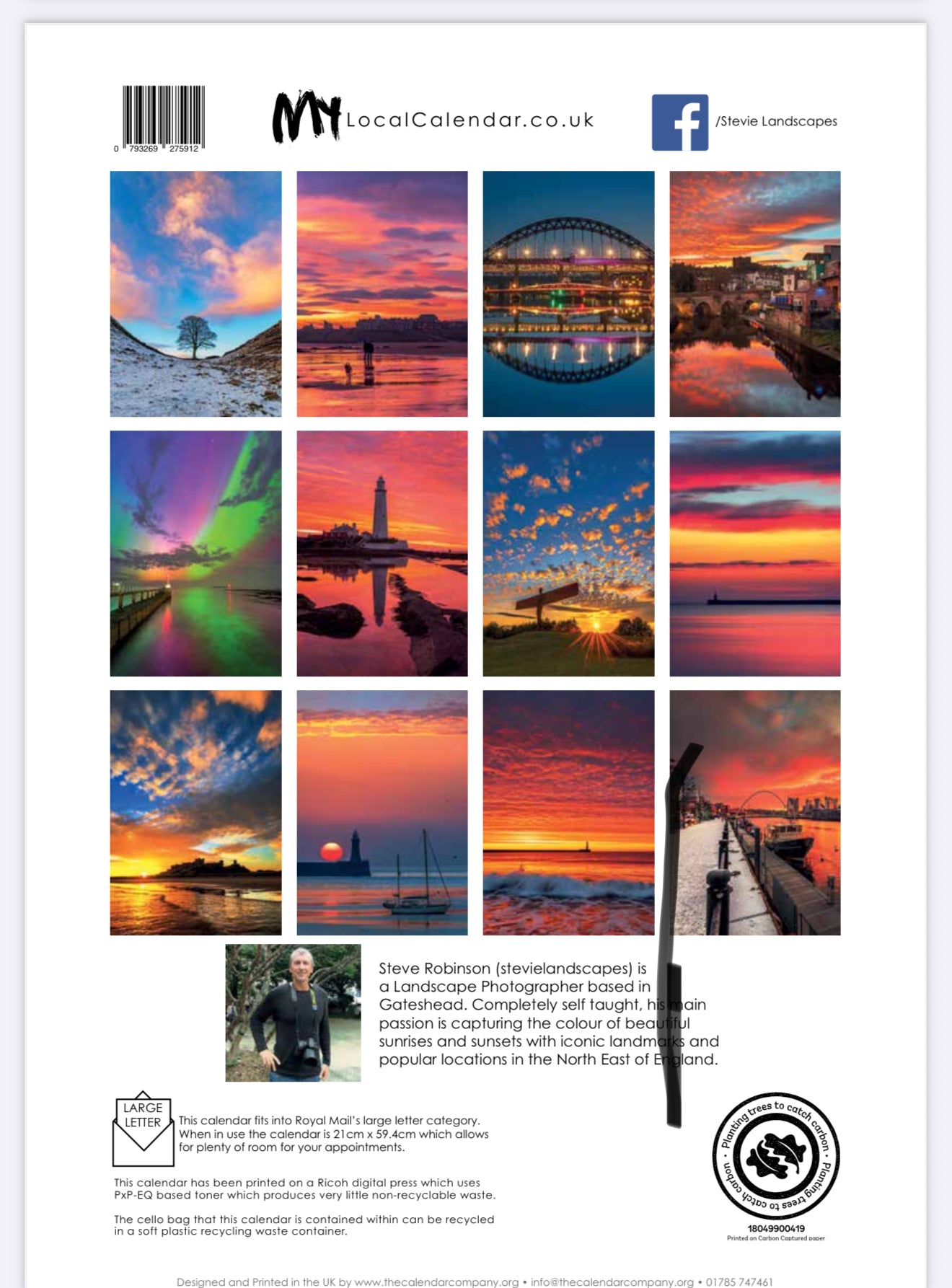 Stevielandscapes 2026 calendar of north east England with free A5 Print of Sycamore Gap in the golden hour.
