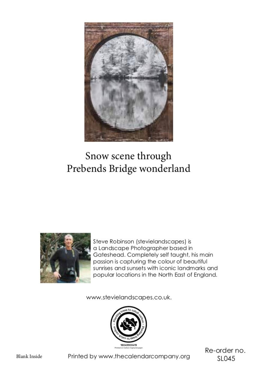 Snow scene through Prebends Bridge.