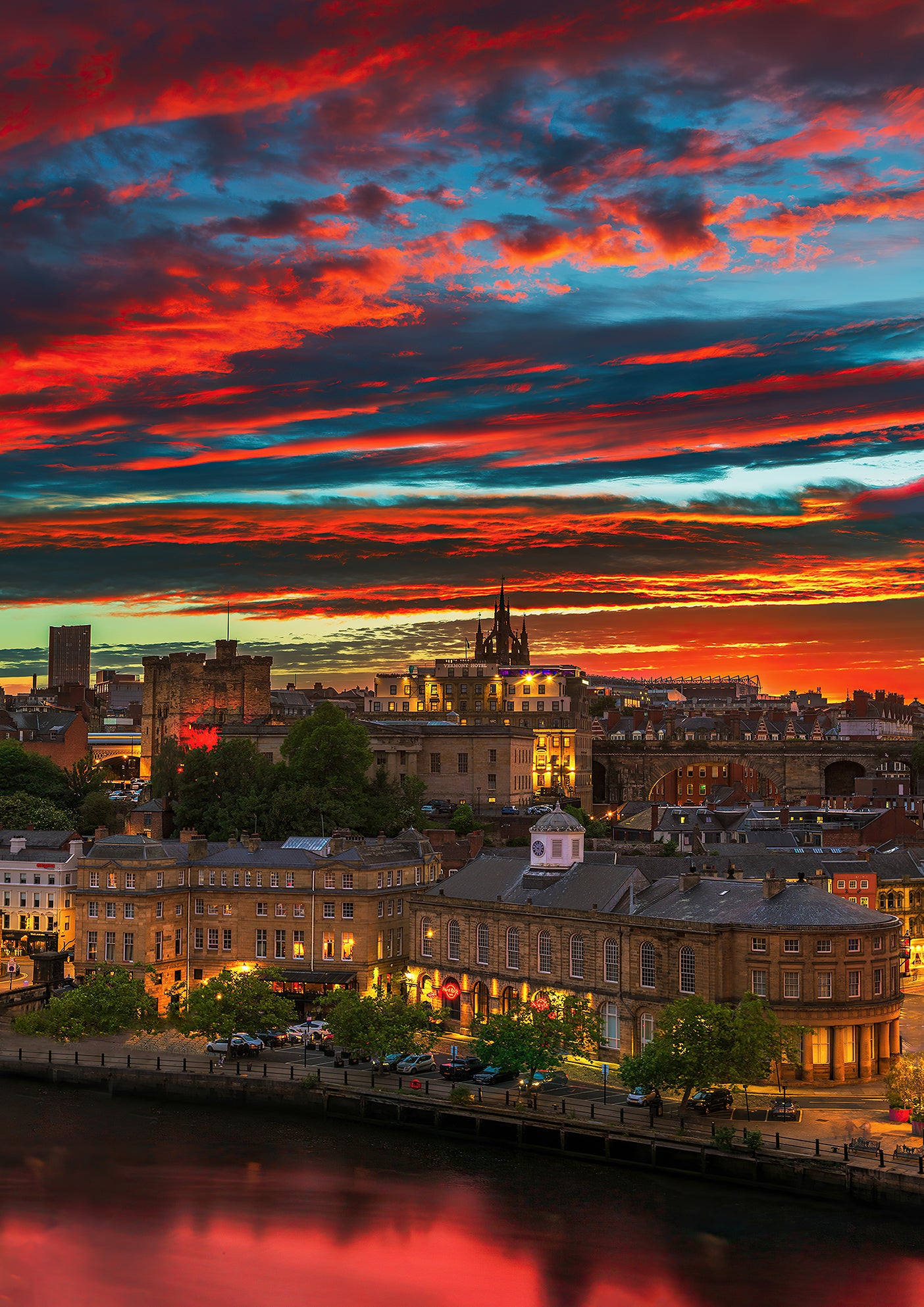 Beautiful sunset skies and city lights over Newcastle.