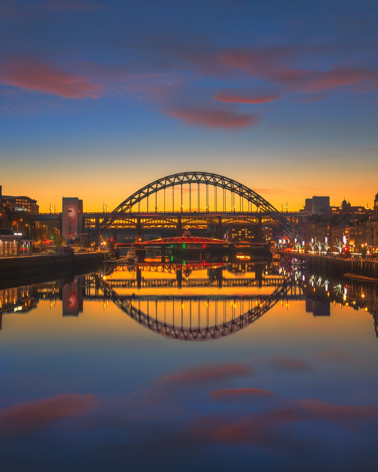 A calm colourful scene on Newcastle Quayside.