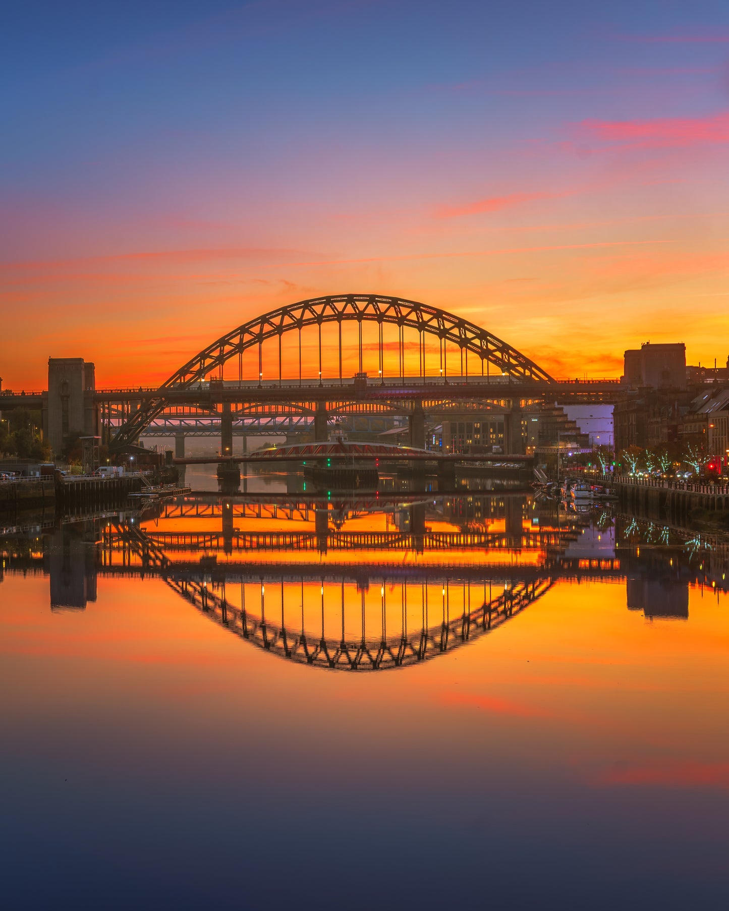 Beautiful glowing sunset  on Newcastle Quayside.