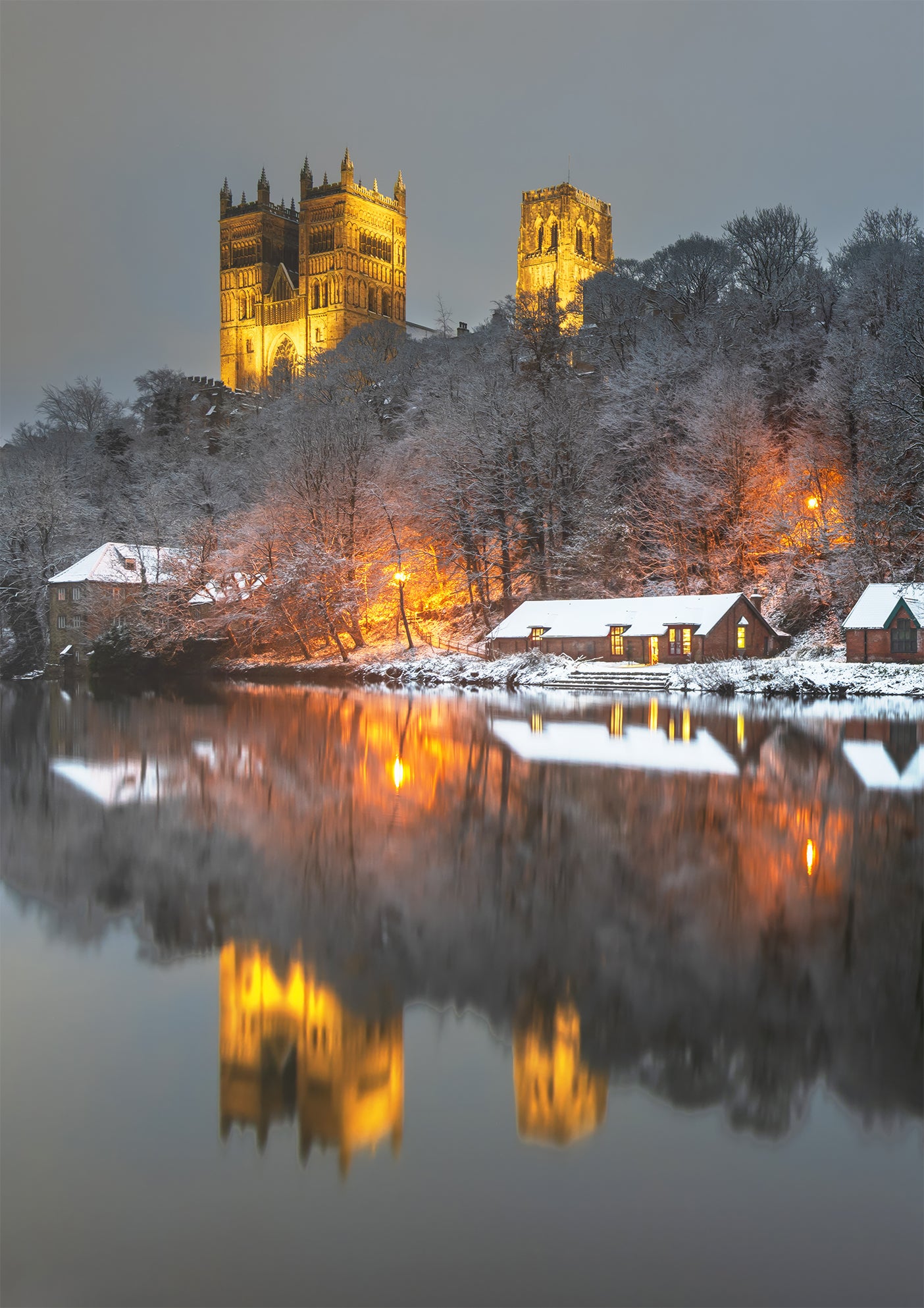 Snow capped roofs on Durham Riverbanks