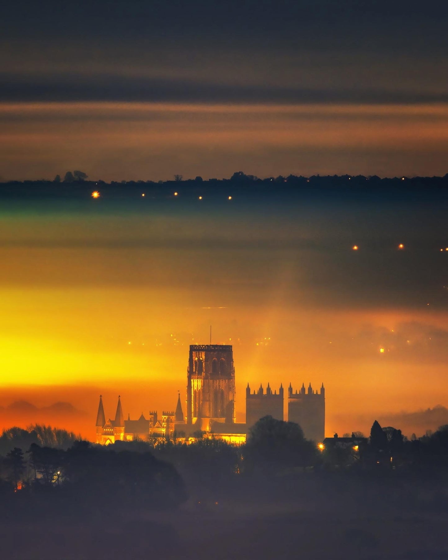 A misty night shot of Durham Cathedral.