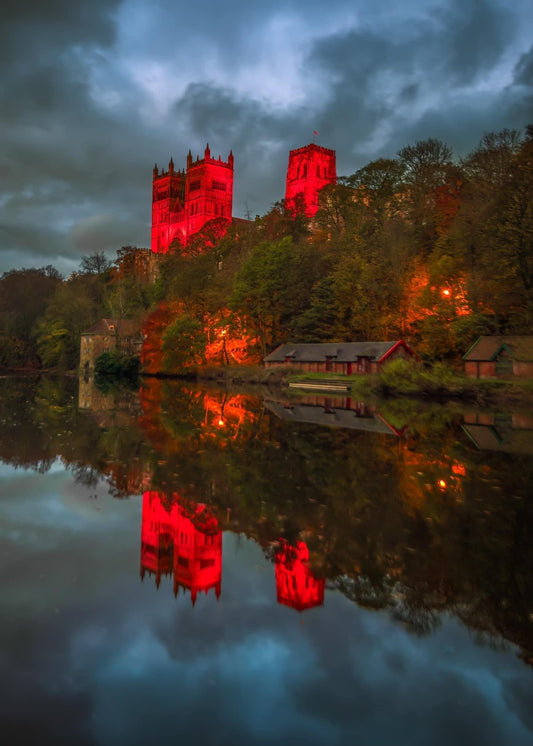 Durham Cathedral lit red for Armistice Day.