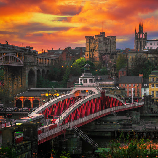 Newcastle swing bridge during sunset.