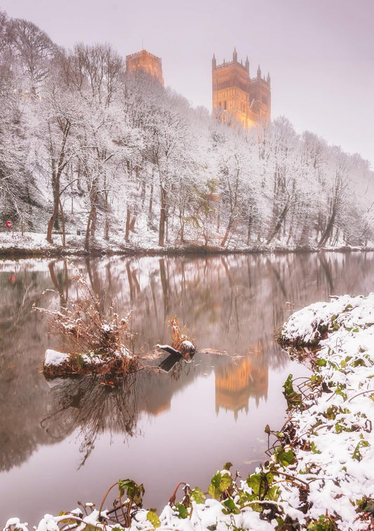 A snowy view on Durham Riverside.
