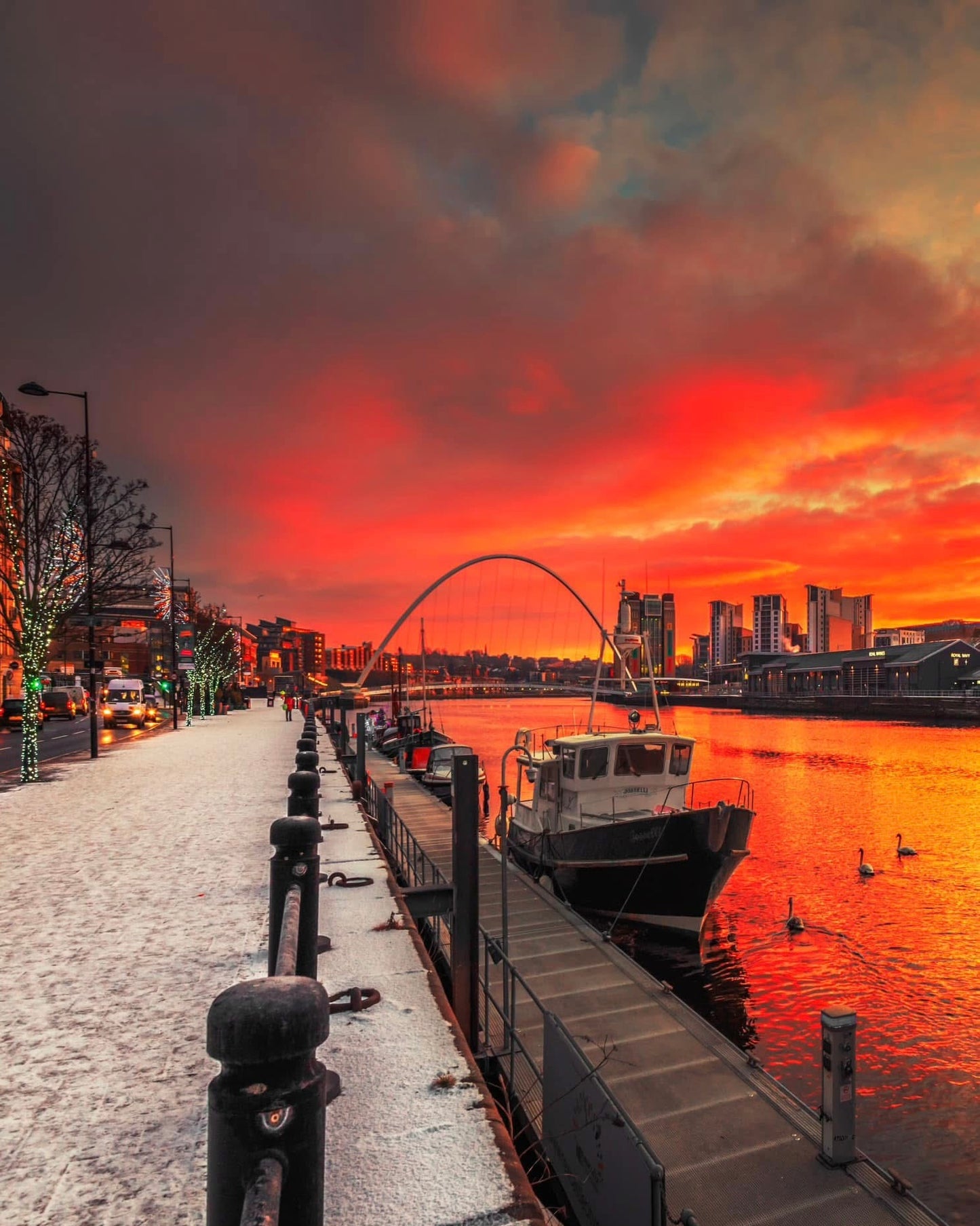 A snowy sunrise on Newcastle Quayside.