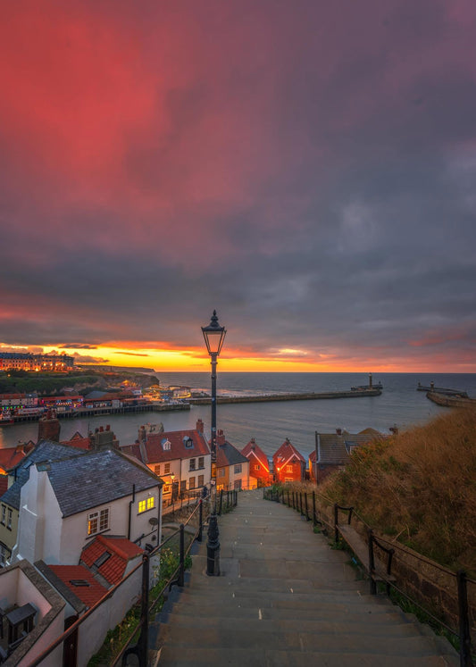 A glowing sunset sky from the 199 steps in Whitby,