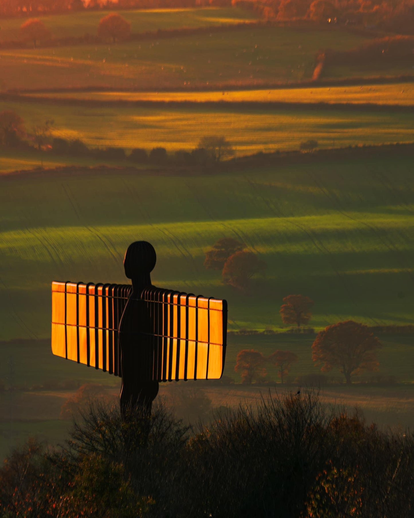 Glowing sunset light on the Angel of the North.