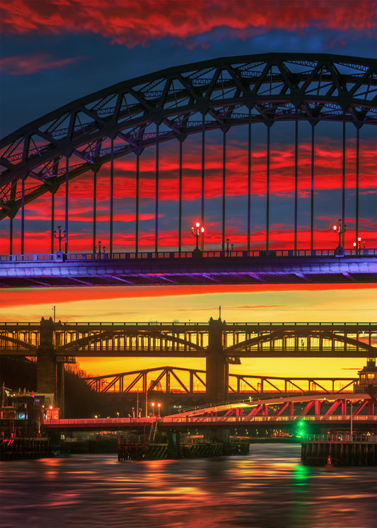 Newcastle Bridges at dusk.