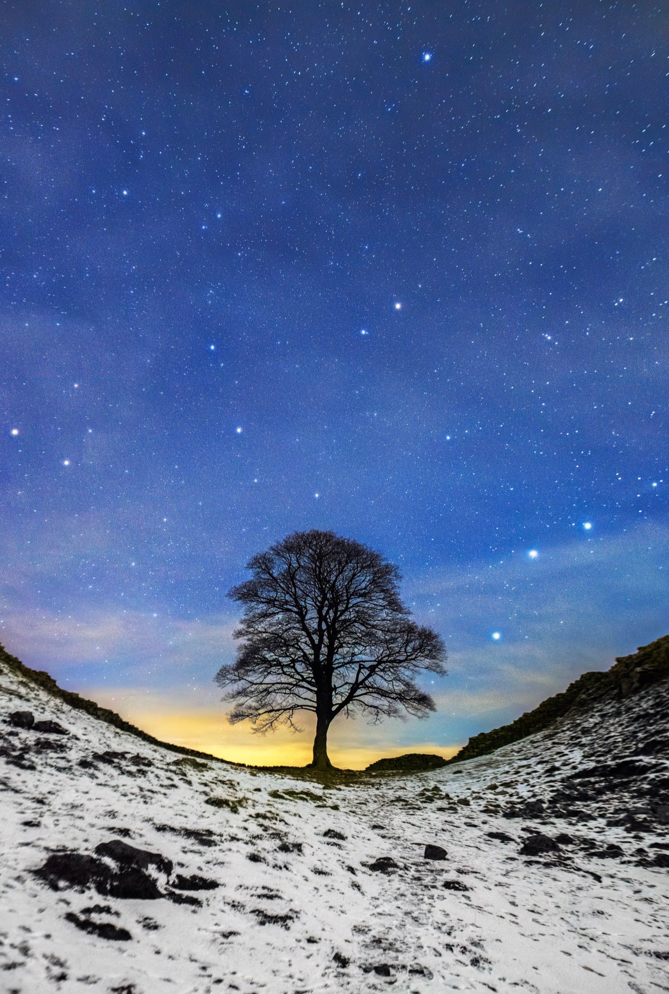 A cold snowy night under the stars at Sycamore Gap.
