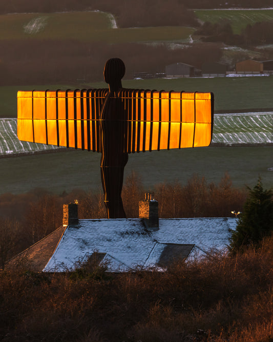 Angel of the behind the snowy rooftop