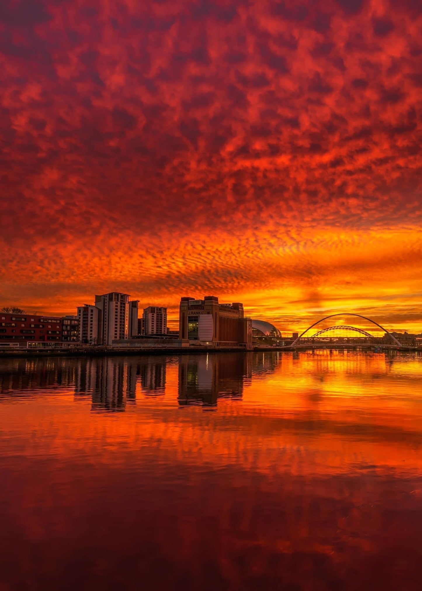 Apocalyptic fire sky over Newcastle Quayside