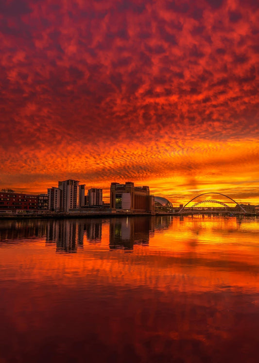 Apocalyptic fire sky over Newcastle Quayside