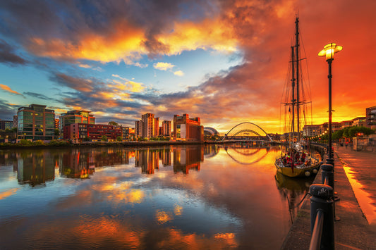 Orange sunset sky on Newcastle Quayside landscape