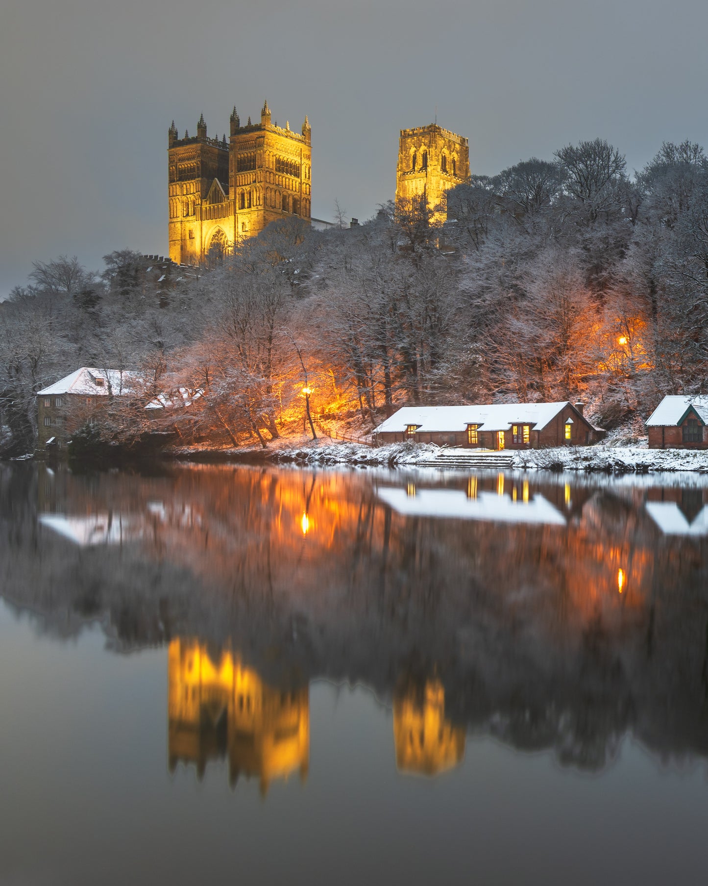 Snow capped roofs on Durham Riverbanks,