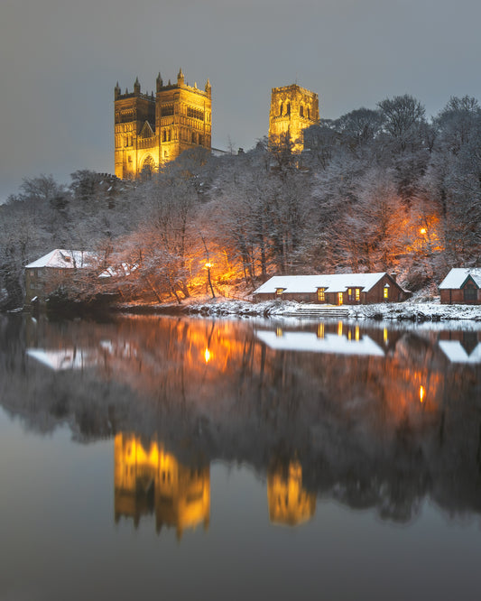 Snow capped roofs on Durham Riverbanks,