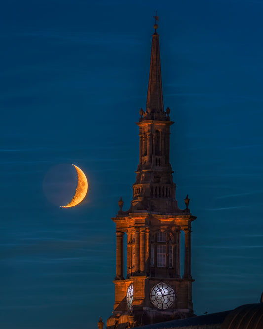 A crescent moon by All Saints church in Newcastle.