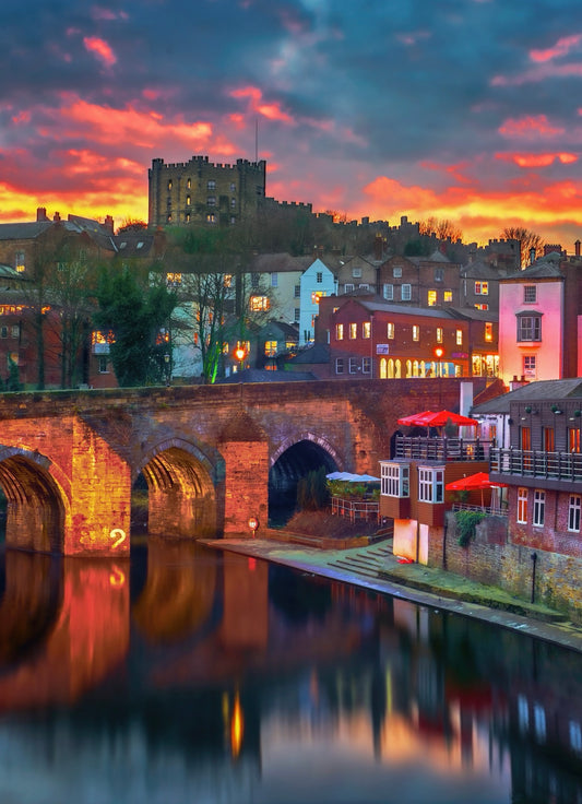 Colourful Durham sunset across Elvet Bridge