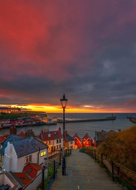 A glowing sunset sky from the 199 steps in Whitby,