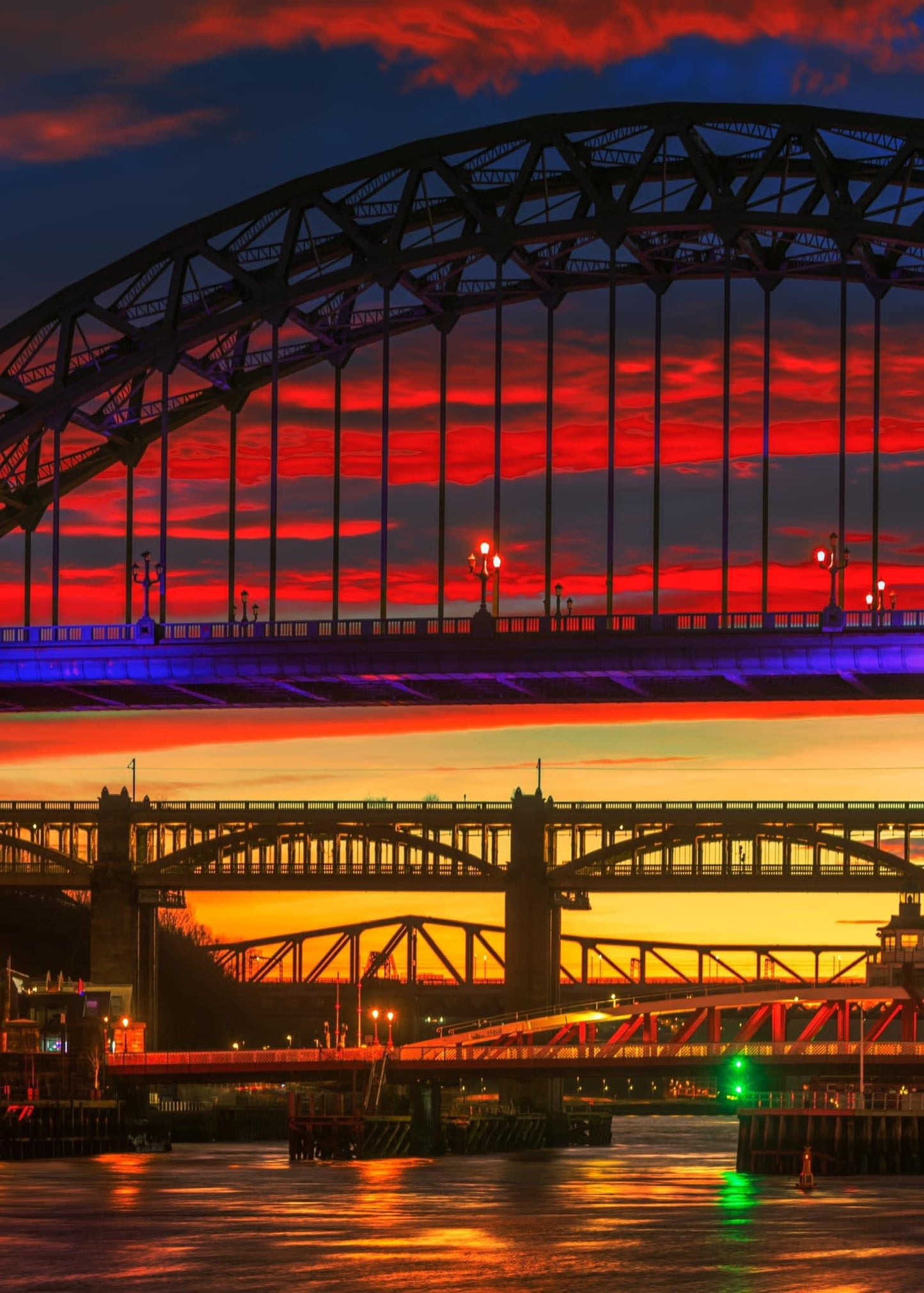 Newcastle Bridges at dusk.