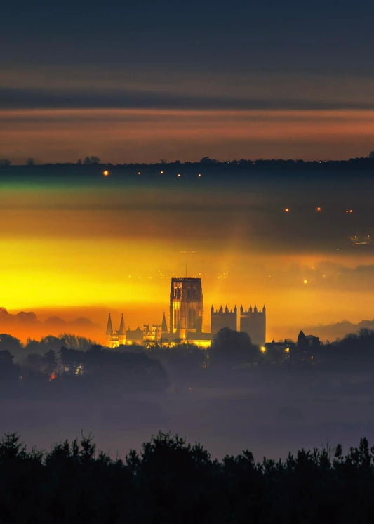 Night time cathedral in the mist.