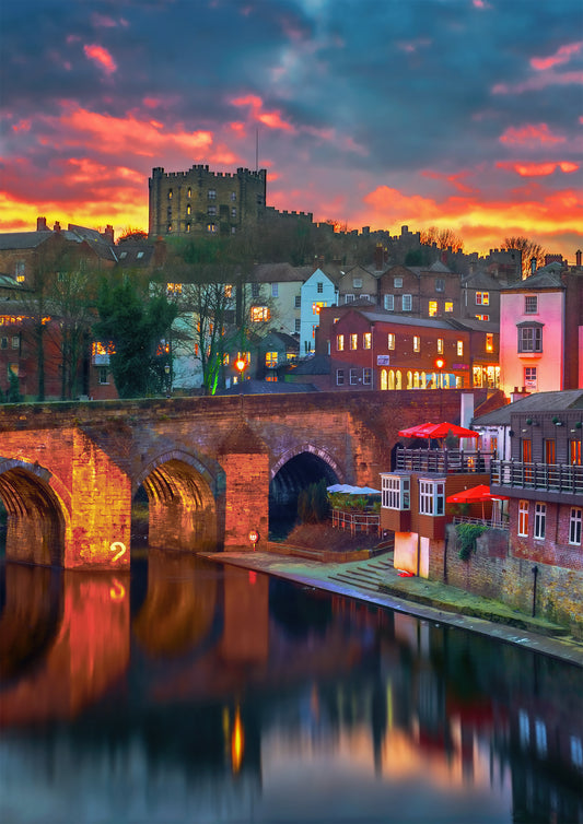 Colourful Durham sunset over Elvet Bridge.