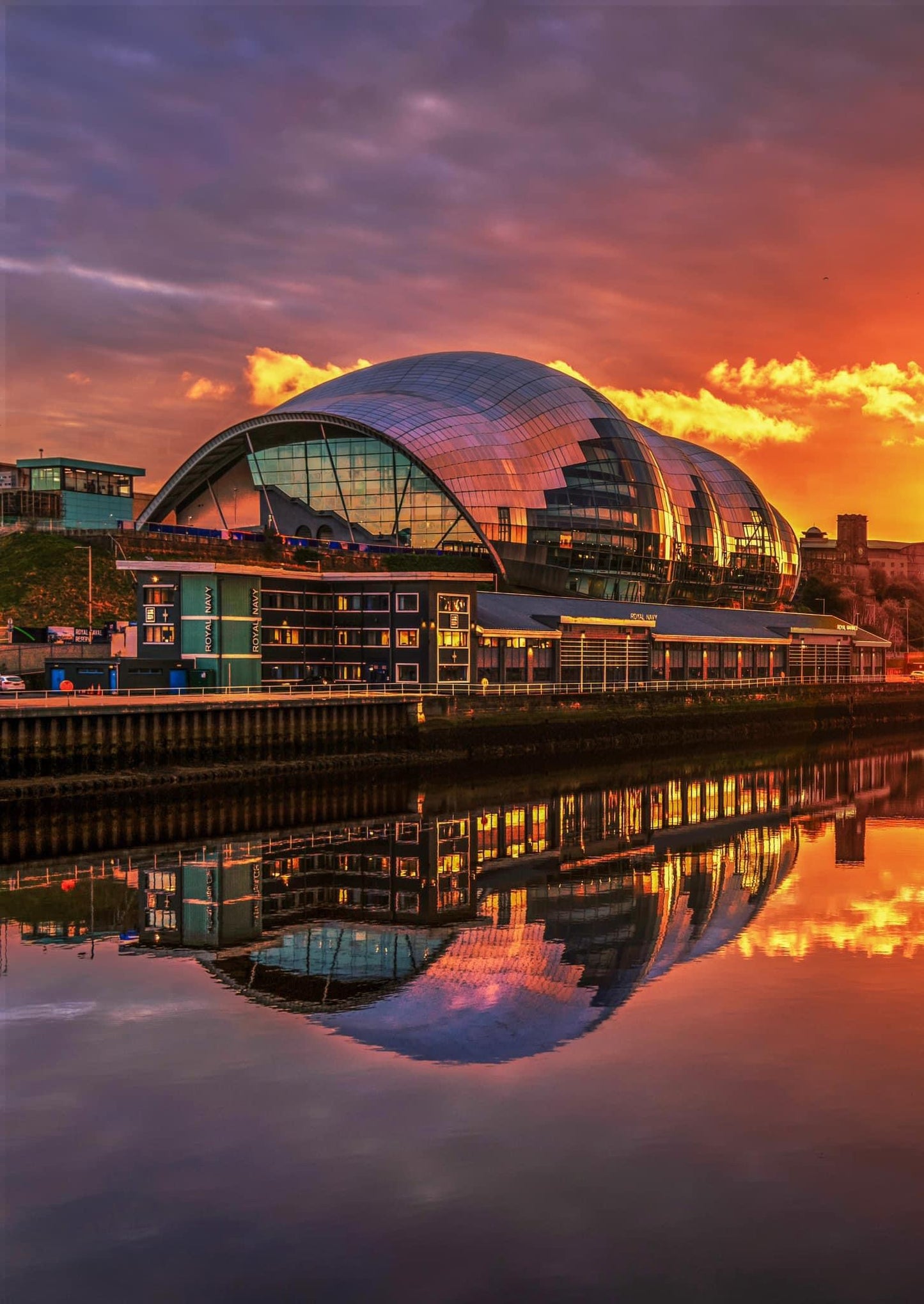 The Glasshouse International Centre for music, at sunset.