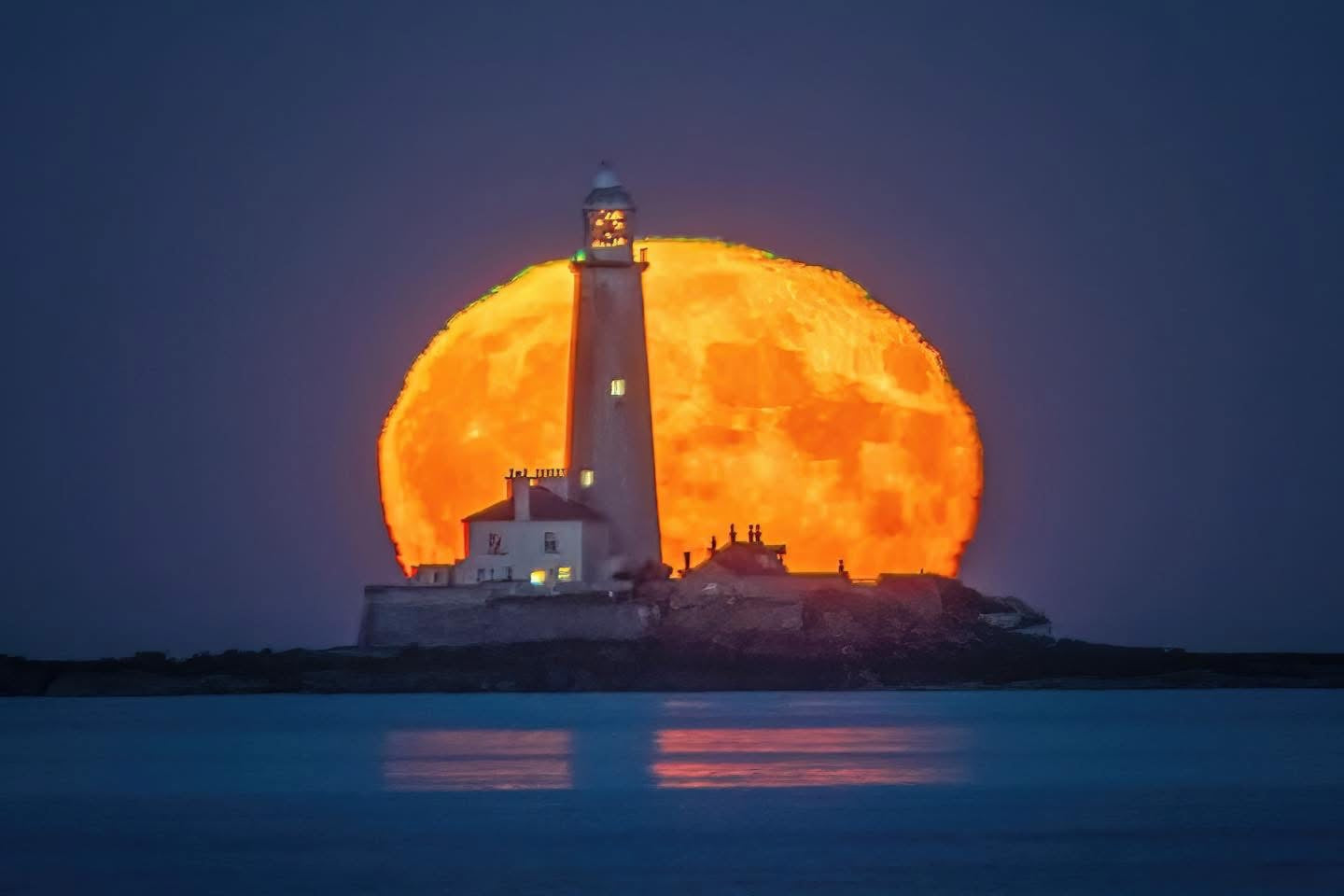 St. Mary’s Lighthouse in front of a   Huge moon.