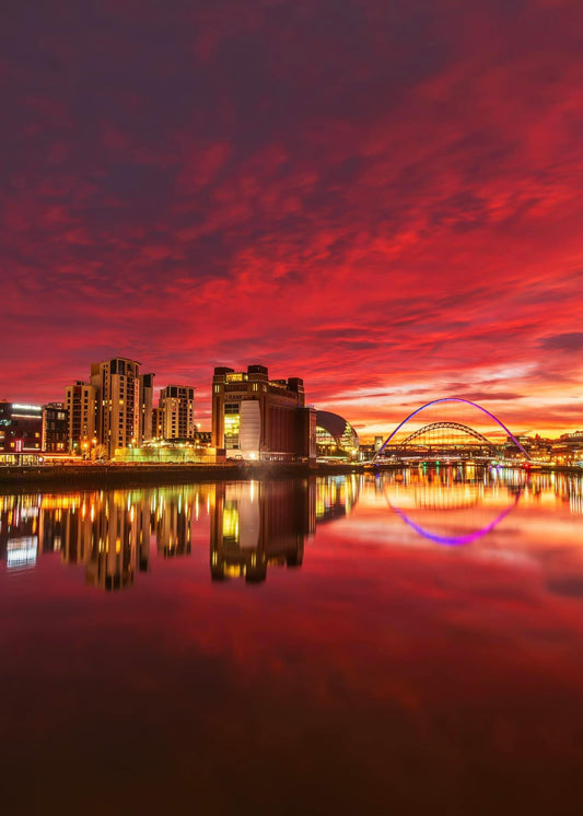 Red velvet skies over Newcastle Quayside.