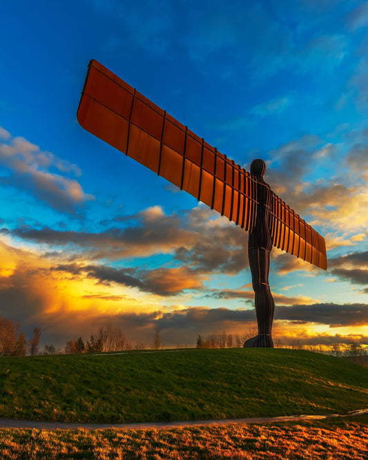 The Angel of the North in a golden sunset.