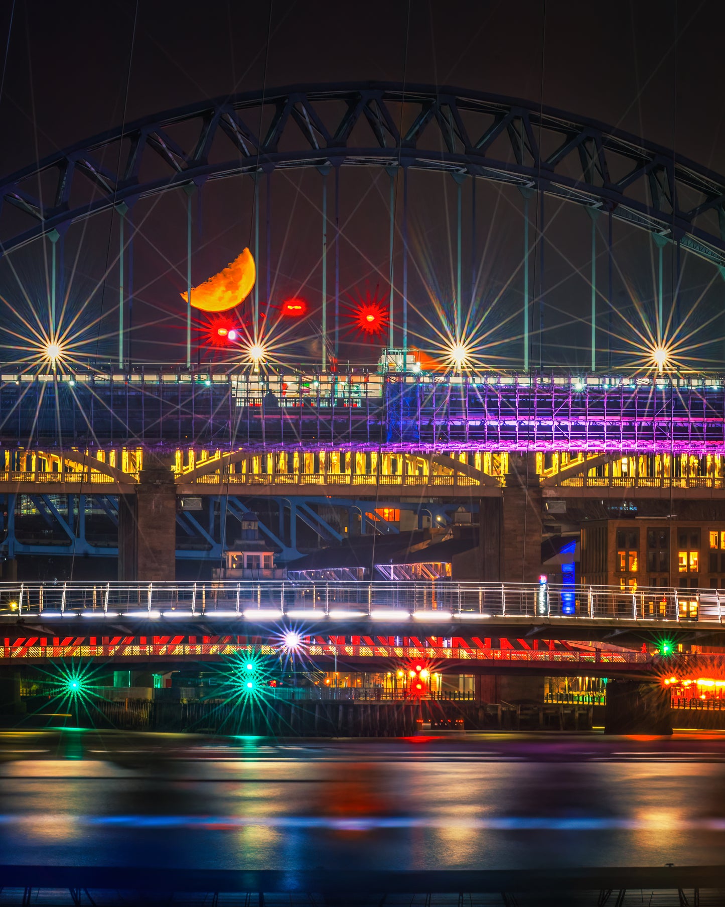 Stunning Crescent moon behind Tyne Bridge in Newcastle,