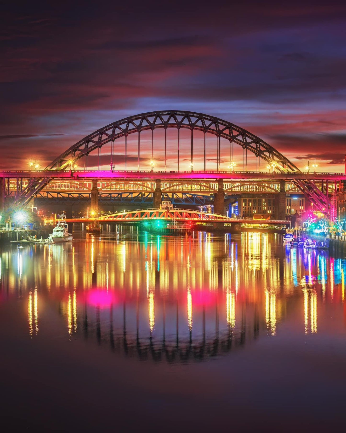 Colourful dusk scene on Newcastle Quayside.