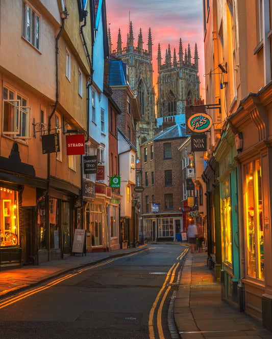 Peters Gate in York after sunset.