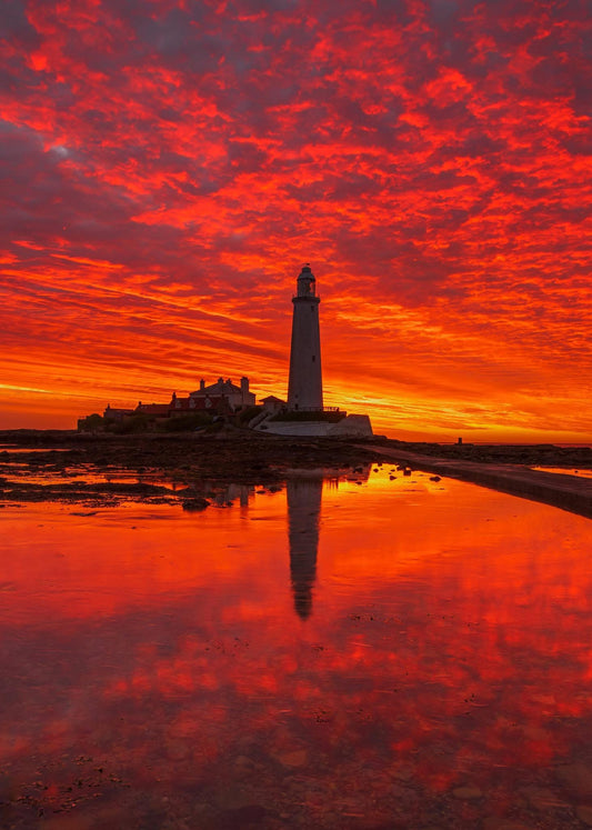 Amazing fire sky at St. Mary’s Lighthouse.