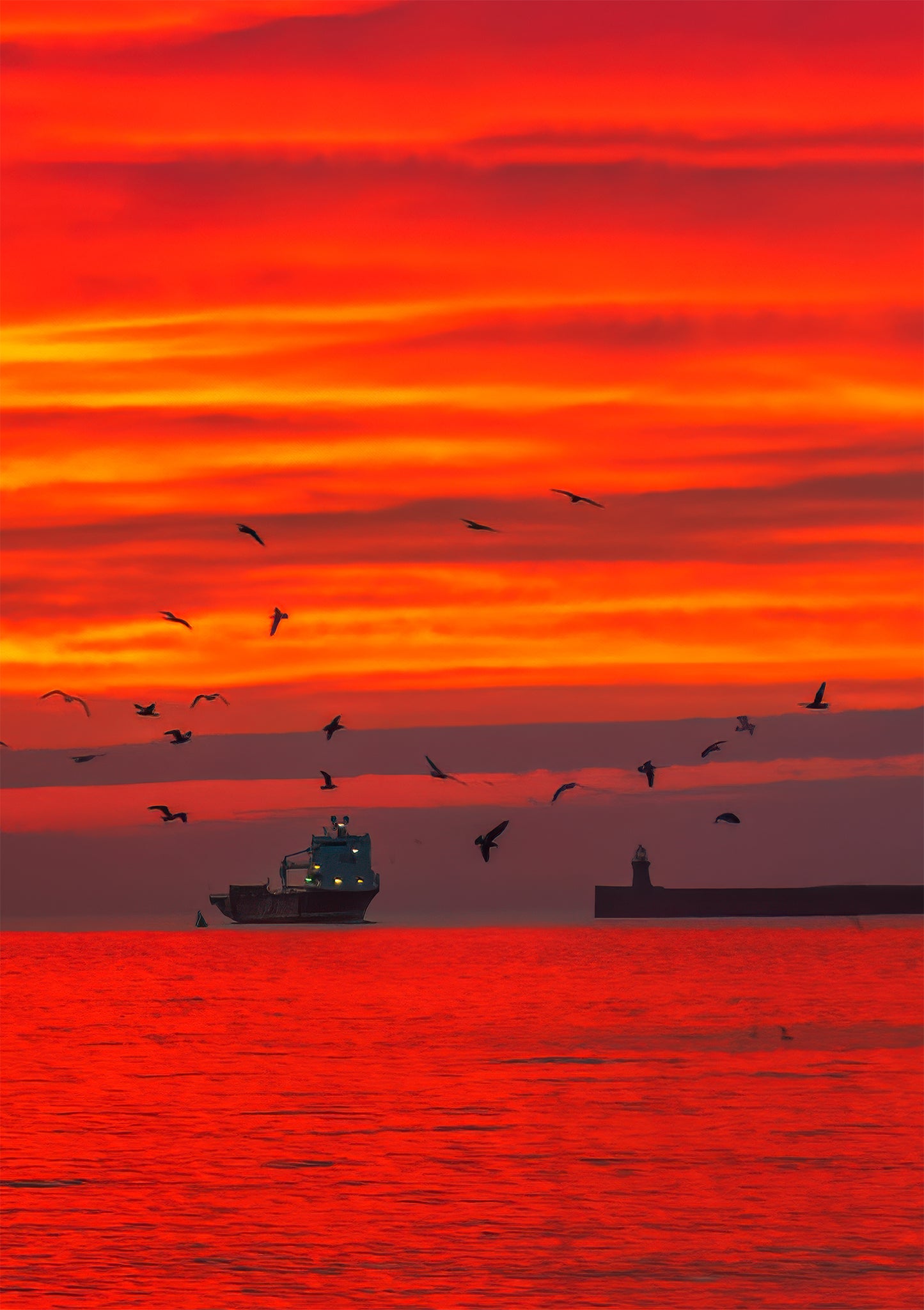 A beautiful sunrise as the fishing boat comes in.