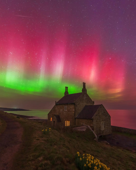 Epic aurora pillars over Howick Bathing house.