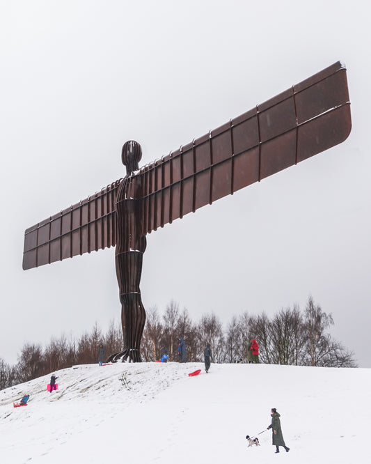 Fun in the snow at the Angel of the North.