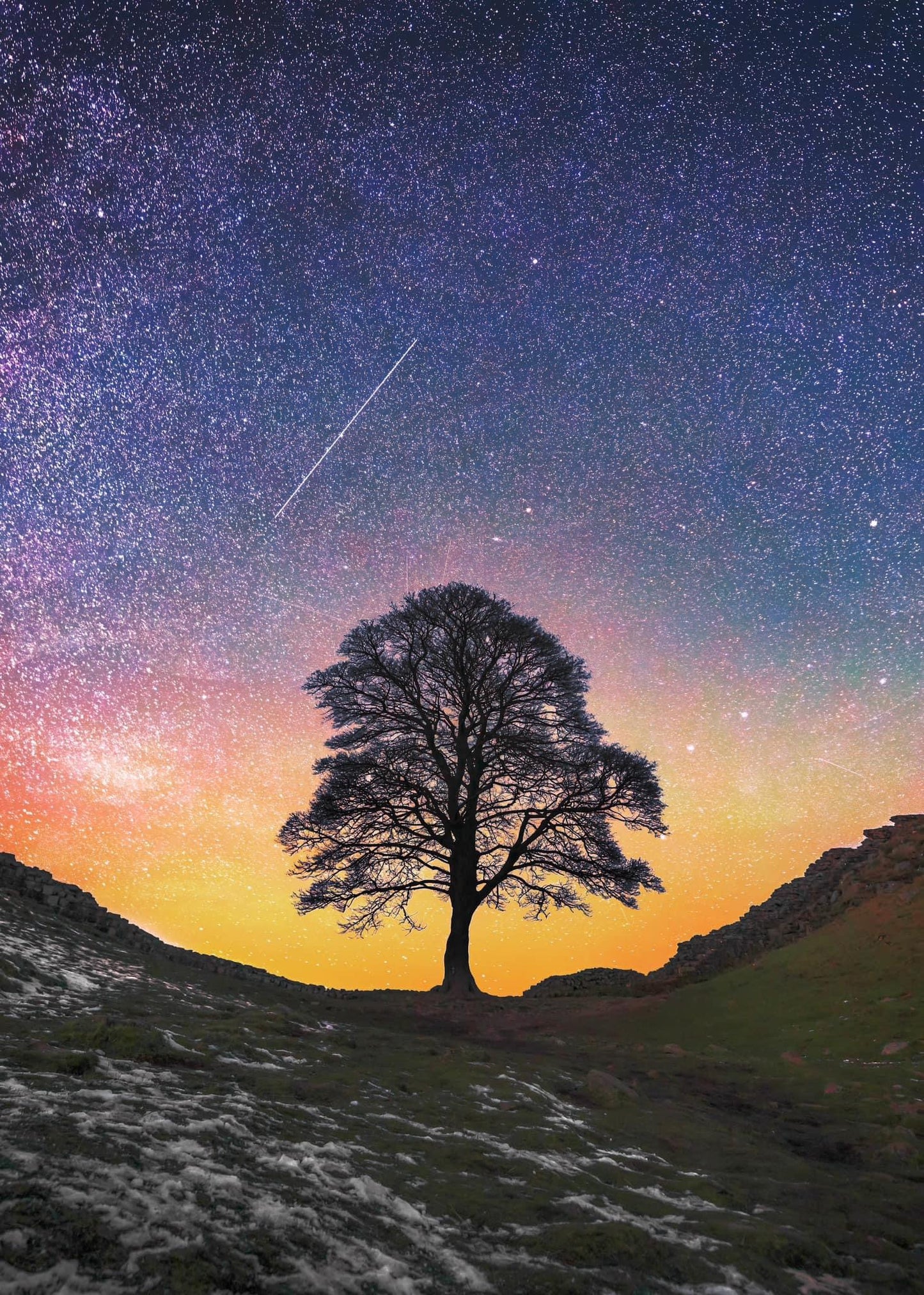 Sycamore gap on a clear night.