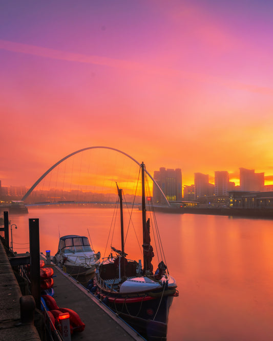 Colourful misty sunrise on Newcastle Quayside.