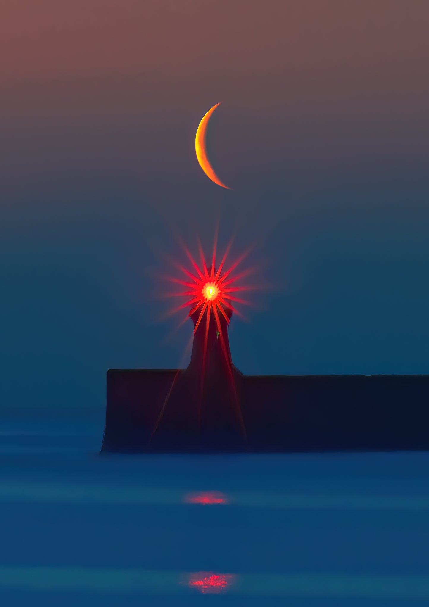 South Shields Lighthouse Sunburst and a crescent moon. ￼